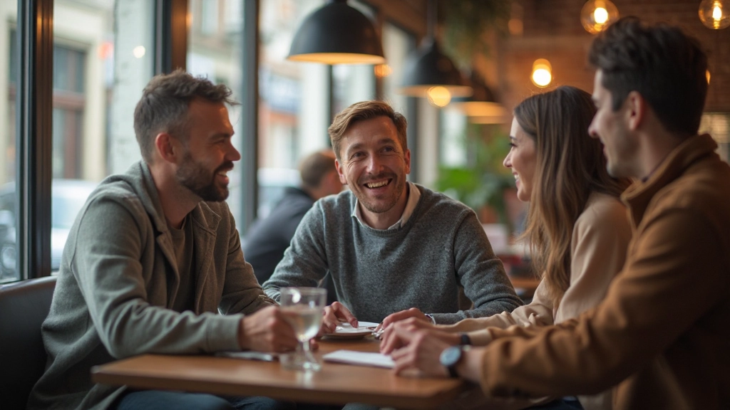 Multicultureel groepje mensen spreekt Nederlands in modern Nederlands café, vriendelijk gesprek, ontspannen sfeer, natuurlijk licht door raam