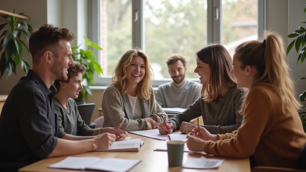 Groep diverse mensen die samen Nederlands leren in een vriendelijke omgeving