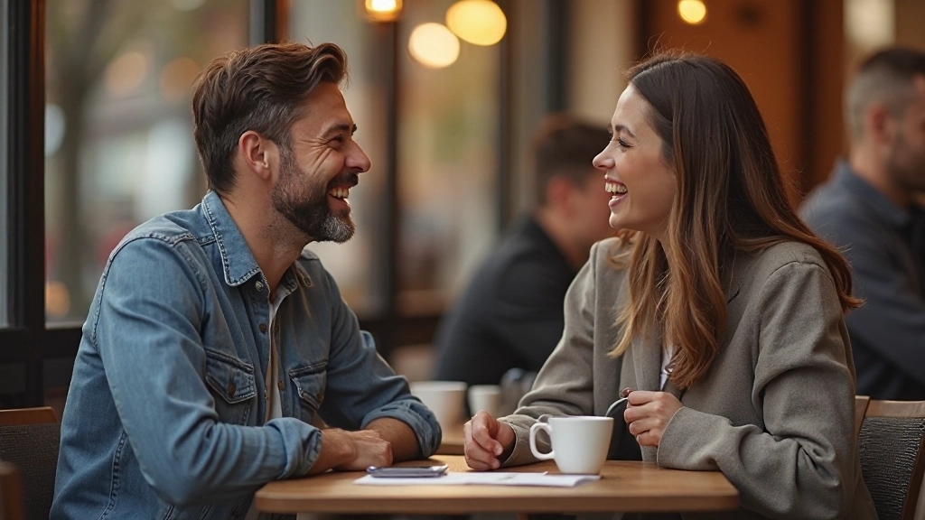 Twee vrienden in café, ontspannen gesprek, lachend, informele sfeer, natuurlijke communicatie