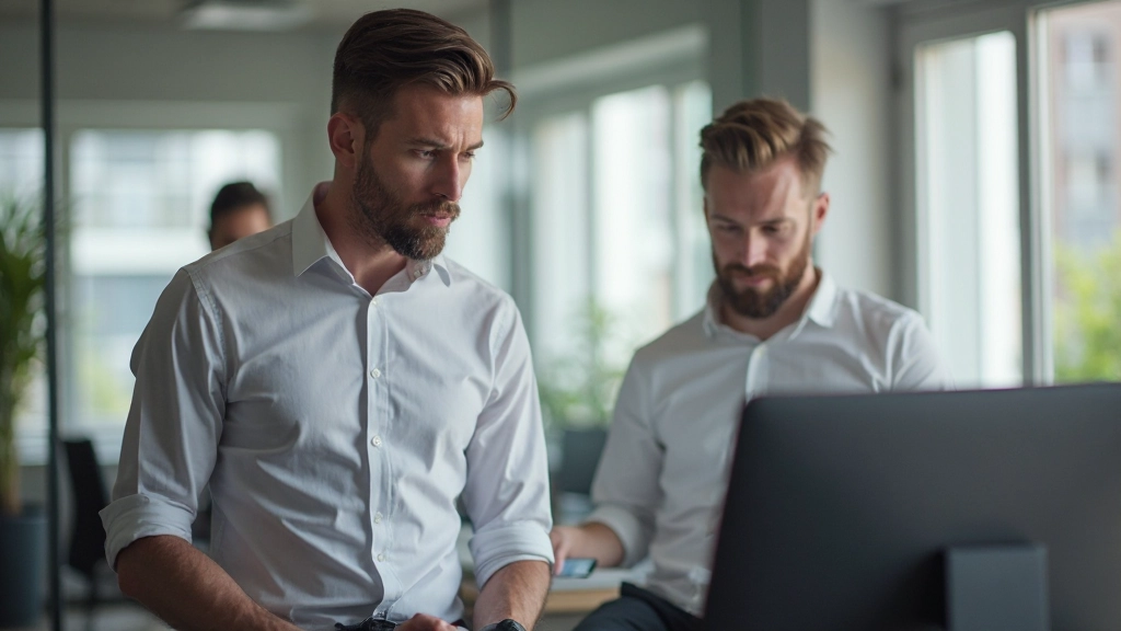Man spreekt met collega op Nederlandse werkplek, werkgesprek