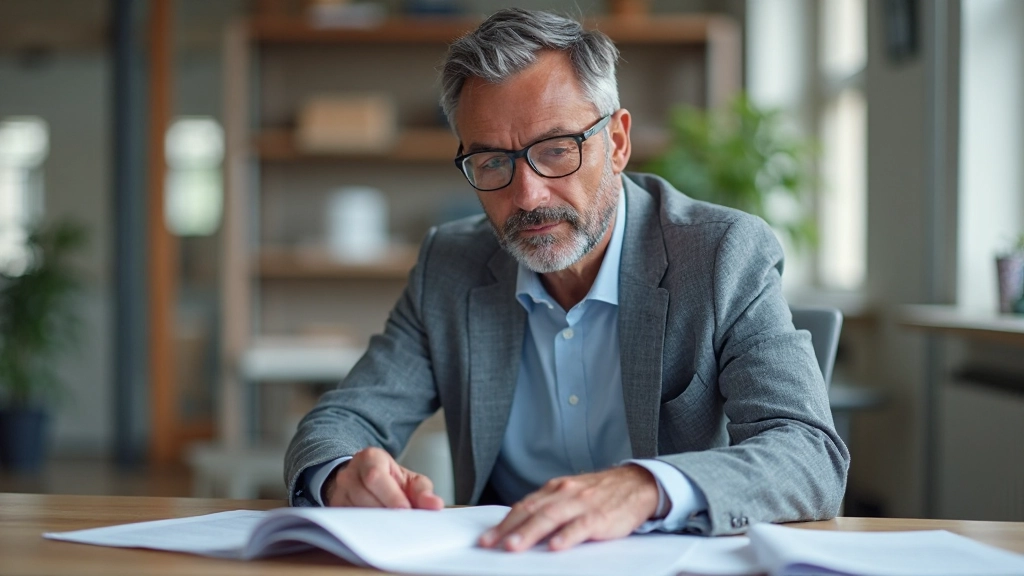 Man aan tafel in kantoor, laptop, vergadering voorbereiding, werkdocumenten, professioneel Nederlands, business communicatie