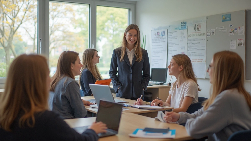 Moderne Nederlandse onderwijsruimte met interactieve leermateriaal