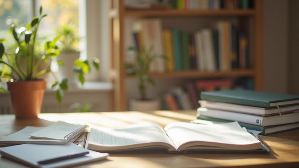Moderne Nederlandse bibliotheek of studieruimte, schone tafel met boeken en notitieboeken, warm licht, inspirerende leeromgeving, geen mensen