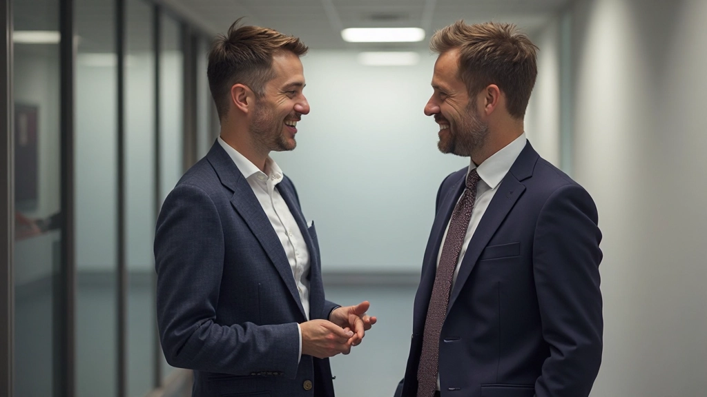 Twee collega's praten in kantoor gang, informele gesprek, werksfeer, vriendschappelijk contact, Nederlands bedrijfscultuur