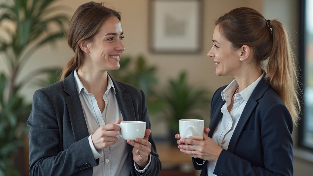 Twee collega's in kantoor, ontspannen gesprek, informele werksfeer, koffie, gezellige werkplek, Nederlands communicatie