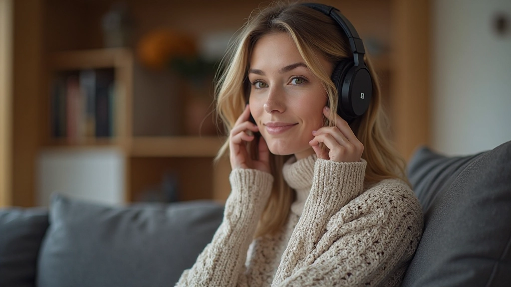 Meisje luistert naar Nederlandse content op tablet, ontspannen pose, koptelefoon, casual omgeving, leerervaring