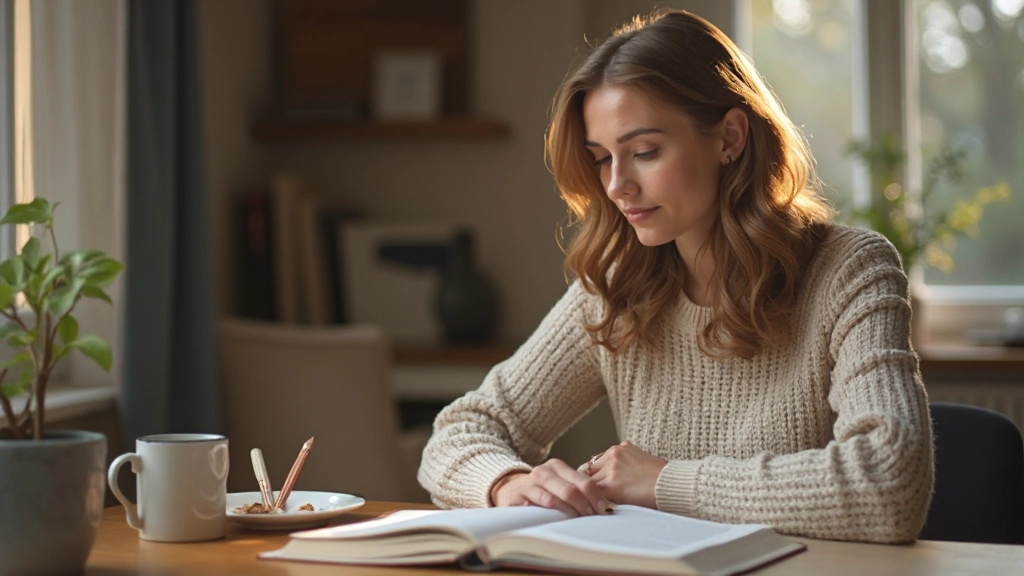 Vrouw aan het studeren met Nederlands leerboek en kopje koffie op houten tafel, ochtendlicht, gezellige werkruimte