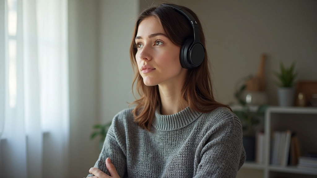 Vrouw concentreert zich terwijl ze naar Nederlandse audio luistert, hoofdtelefoon, ontspannen leeromgeving, moderne werkplek