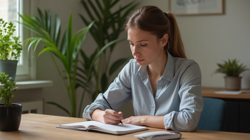 Vrouw schrijft Nederlandse woordjes op papier, taalstudies, leerproces, creativiteit, focus