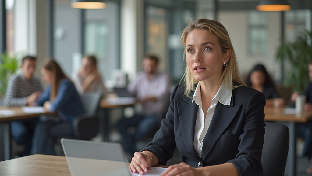Vrouw aan het spreken op het werk, collega's luisteren aandachtig, positieve reacties, werkplek in Nederland